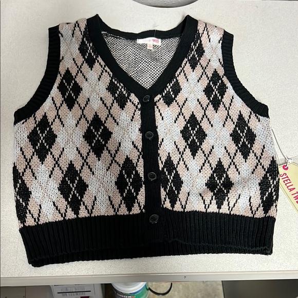 Stella tweed  V-Neck Black and Cream Sweater - Picture 1 of 6